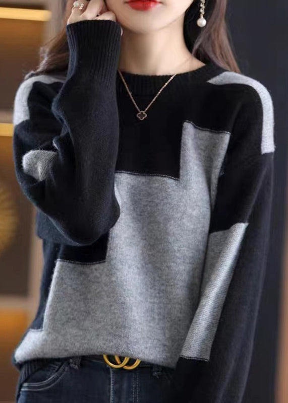 Casual Black O Neck Patchwork Woolen Knit Sweaters Spring TQ025 main image 1