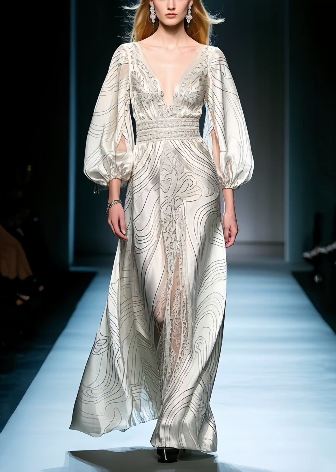 Natural White V Neck Print Silk Vacation Dresses Lantern Sleeve