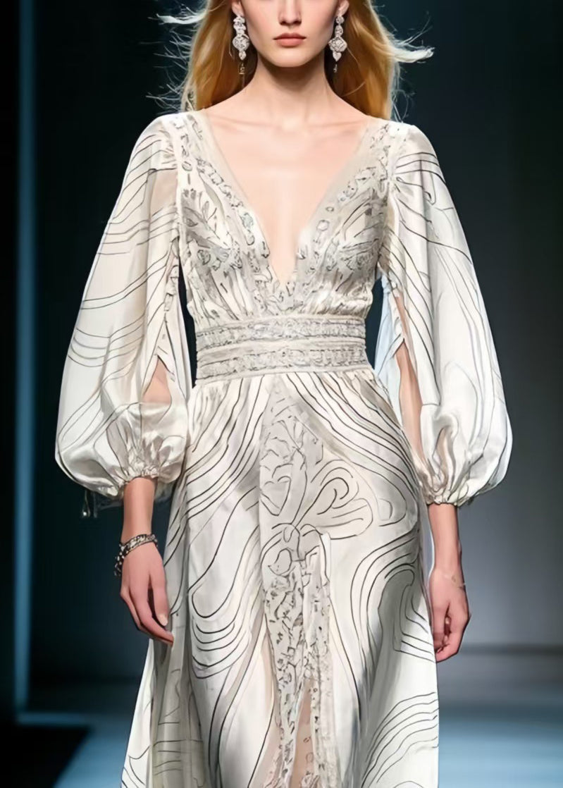 Natural White V Neck Print Silk Vacation Dresses Lantern Sleeve
