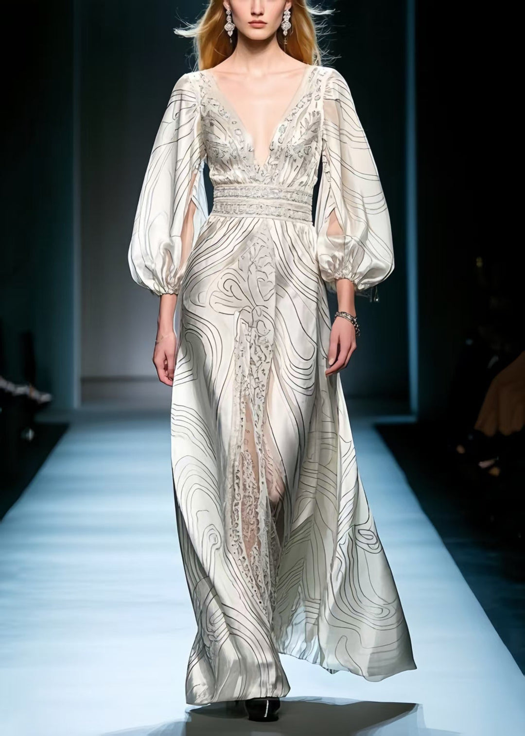 Natural White V Neck Print Silk Vacation Dresses Lantern Sleeve