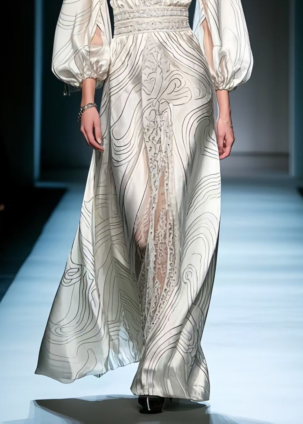 Natural White V Neck Print Silk Vacation Dresses Lantern Sleeve