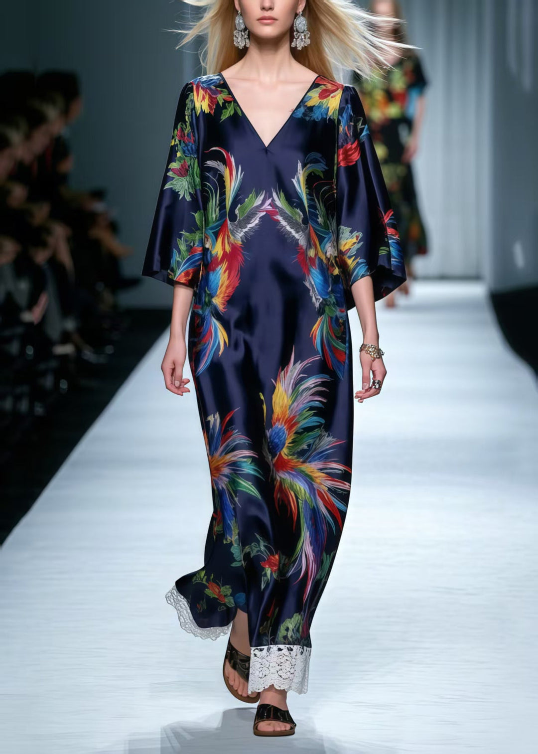 Navy Patchwork Lace Dress Oversized Phoenix Print Summer