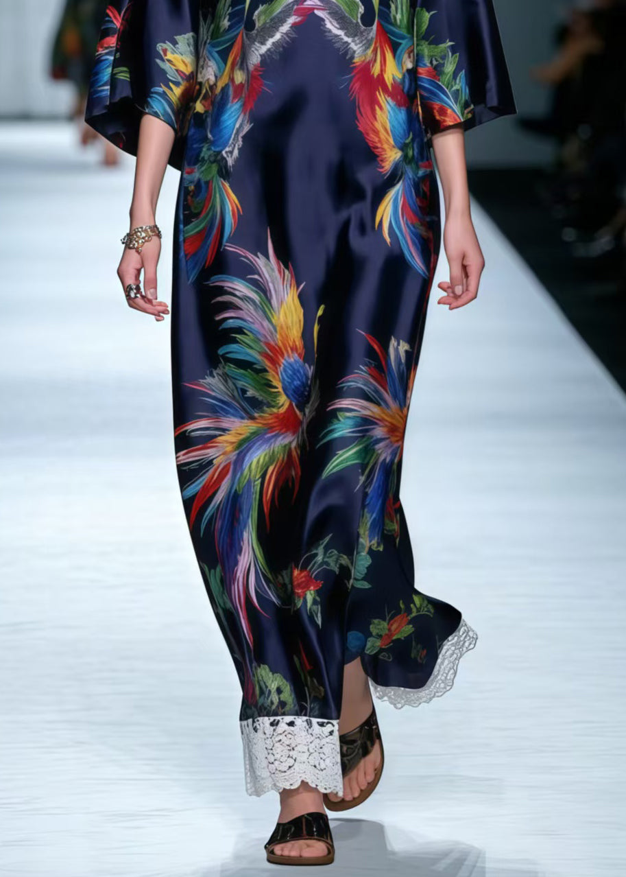 Navy Patchwork Lace Dress Oversized Phoenix Print Summer