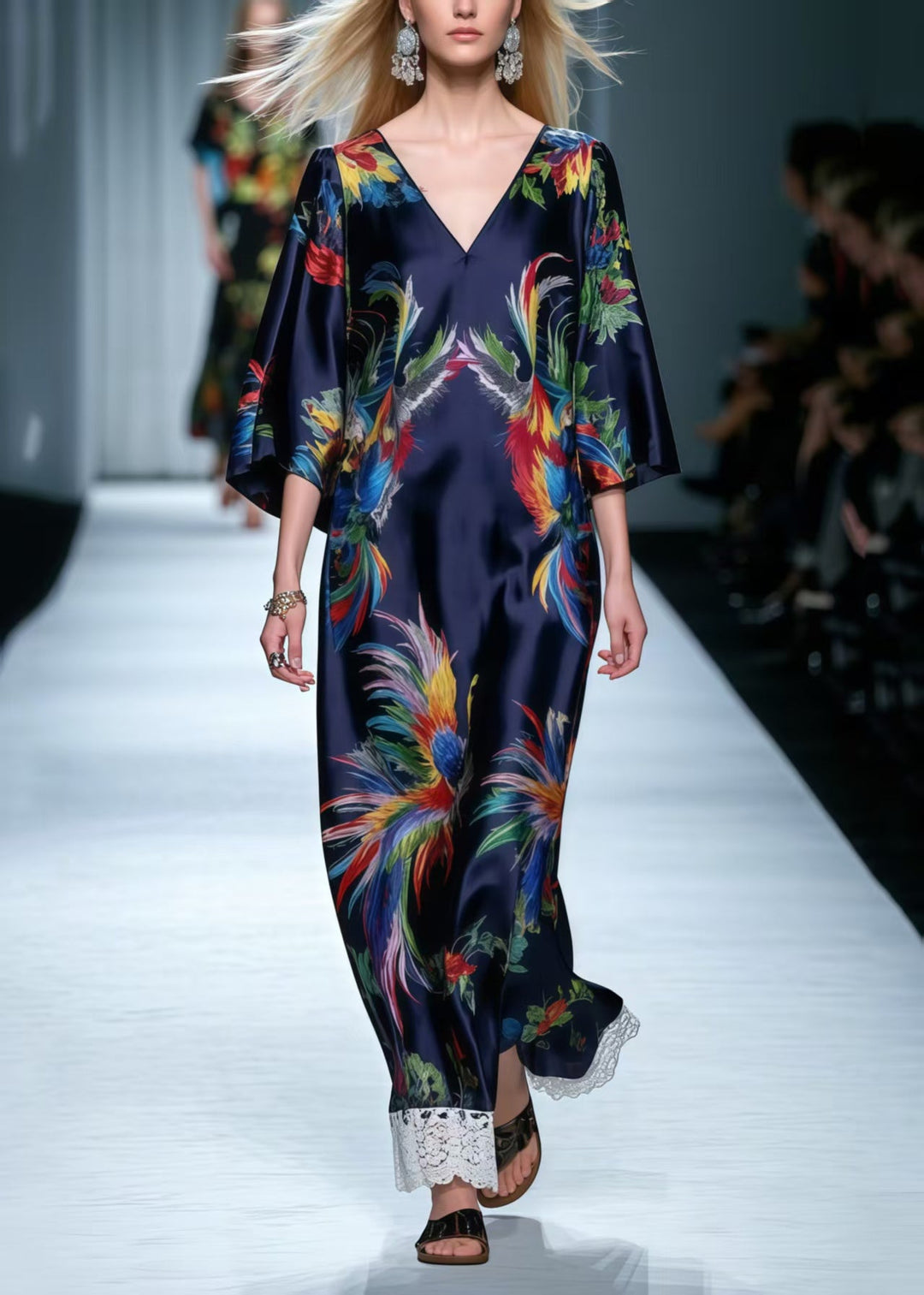 Navy Patchwork Lace Dress Oversized Phoenix Print Summer