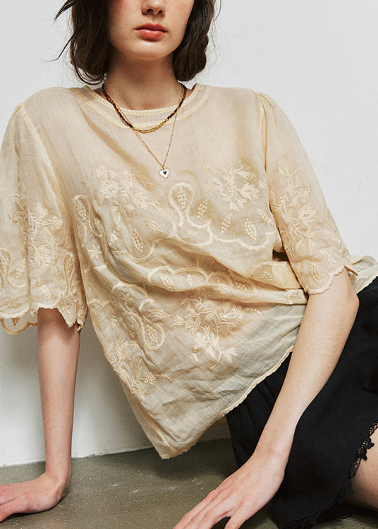 New Apricot Embroidered Linen Shirt Top Summer