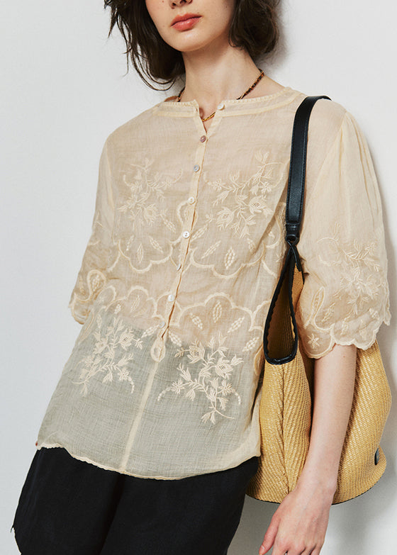 New Apricot Embroidered Linen Shirt Top Summer