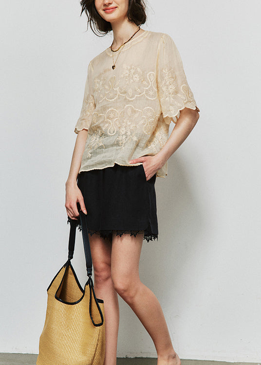 New Apricot Embroidered Linen Shirt Top Summer