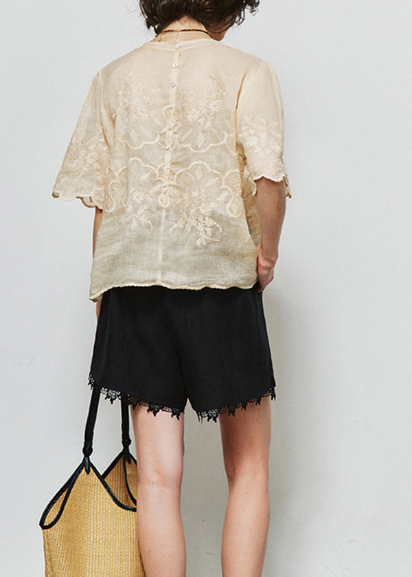 New Apricot Embroidered Linen Shirt Top Summer