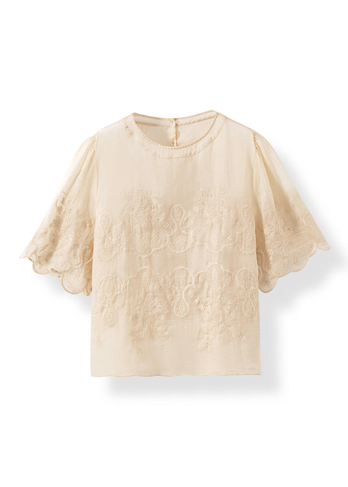 New Apricot Embroidered Linen Shirt Top Summer
