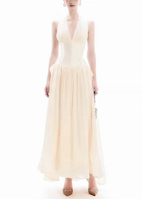 New Apricot V Neck Backless Patchwork Tulle Long Dresses Sleeveless