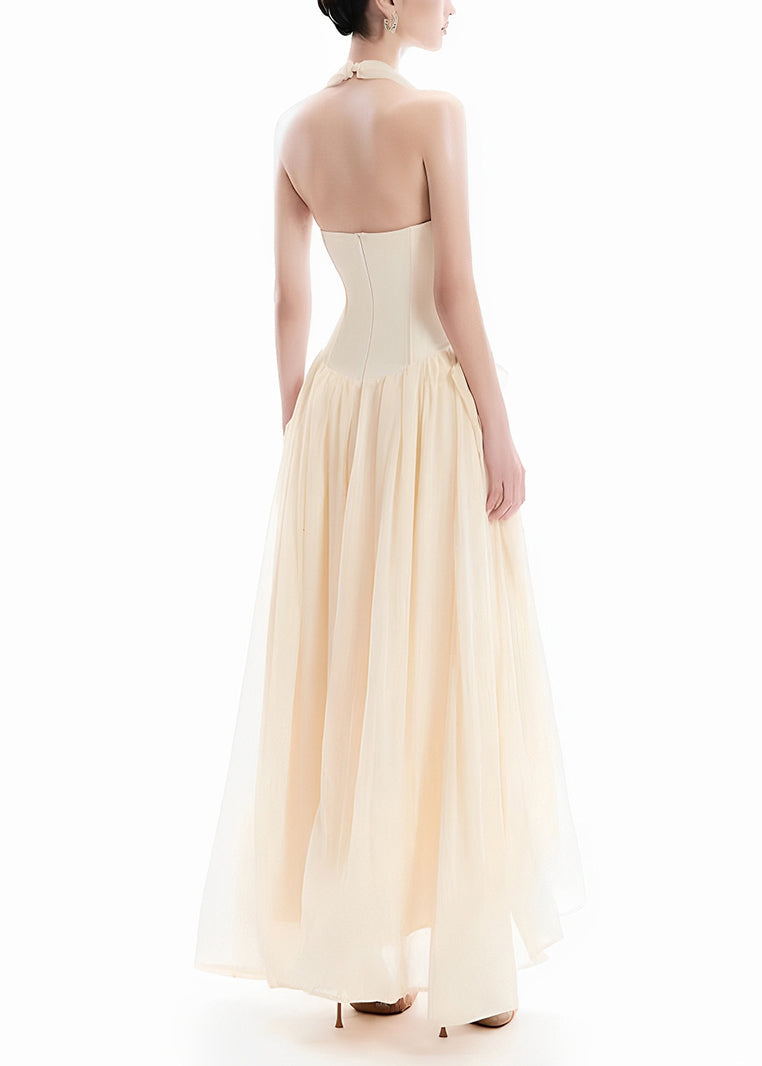 New Apricot V Neck Backless Patchwork Tulle Long Dresses Sleeveless
