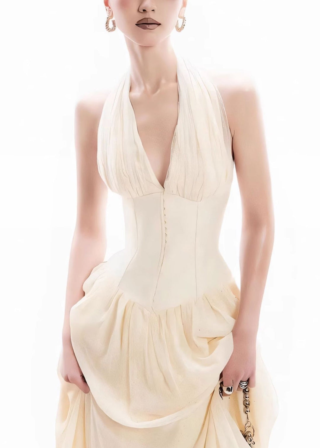 New Apricot V Neck Backless Patchwork Tulle Long Dresses Sleeveless