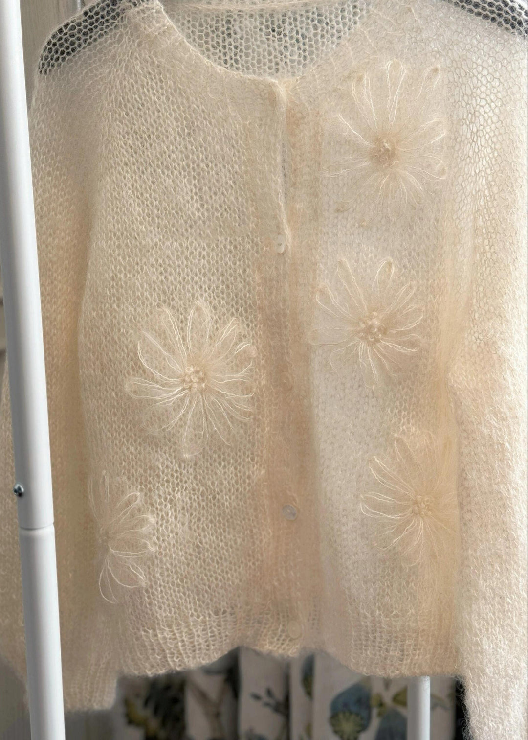 New Beige O Neck Floral Mohair Knitted Cardigans Fall