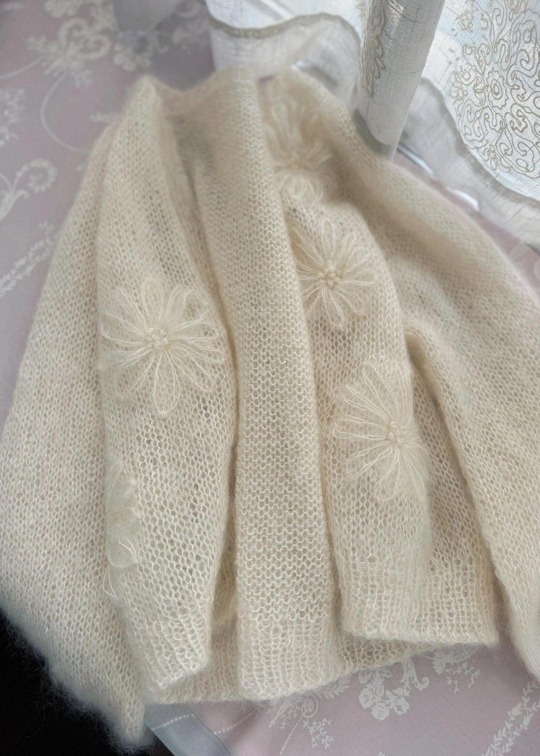 New Beige O Neck Floral Mohair Knitted Cardigans Fall