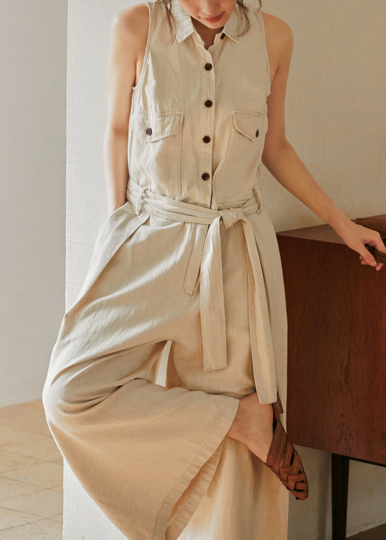 New Beige Peter Pan Collar Button Lace Up Cotton Jumpsuits Sleeveless