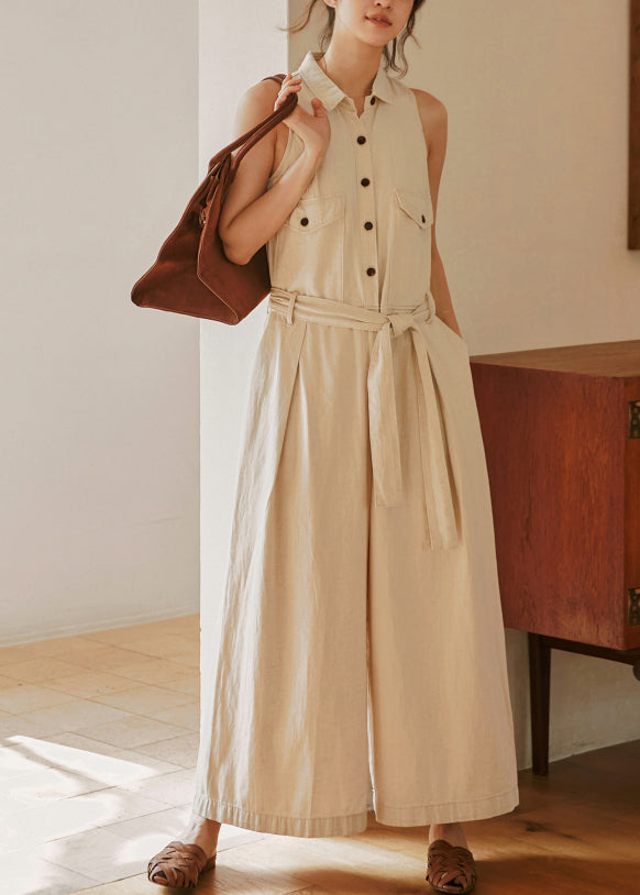 New Beige Peter Pan Collar Button Lace Up Cotton Jumpsuits Sleeveless