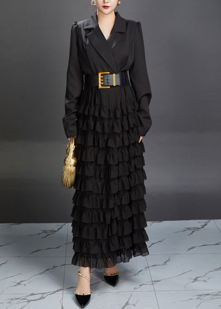 New Black Notched Ruffled Spandex Long Dresses Fall