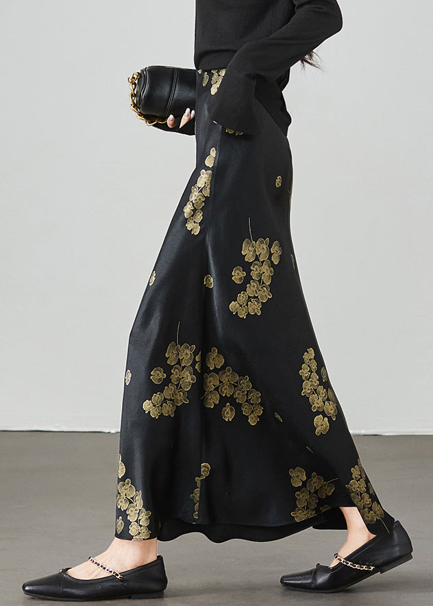 New Black Print High Waist Silk Skirt Summer