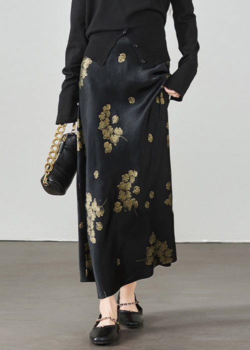 New Black Print High Waist Silk Skirt Summer