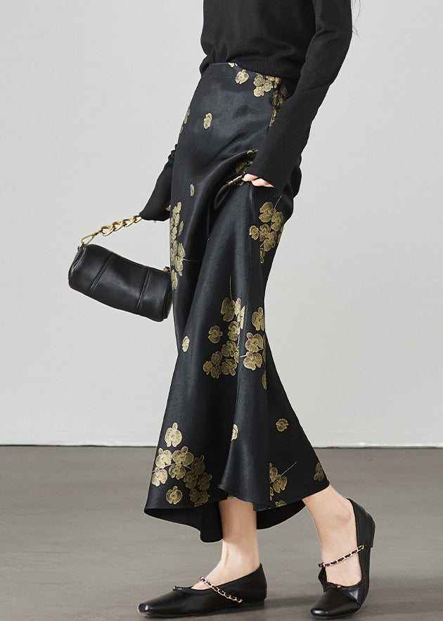 New Black Print High Waist Silk Skirt Summer