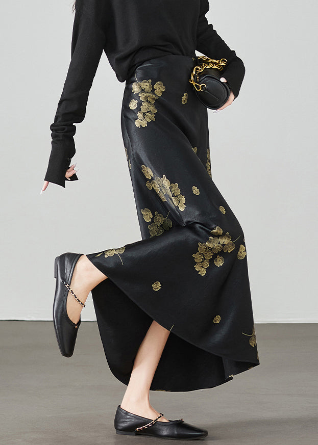 New Black Print High Waist Silk Skirt Summer