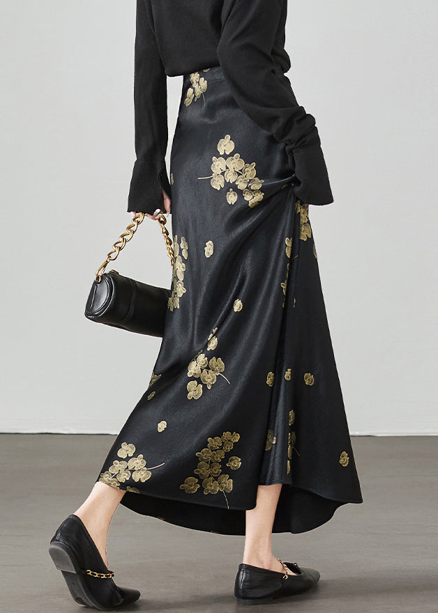 New Black Print High Waist Silk Skirt Summer
