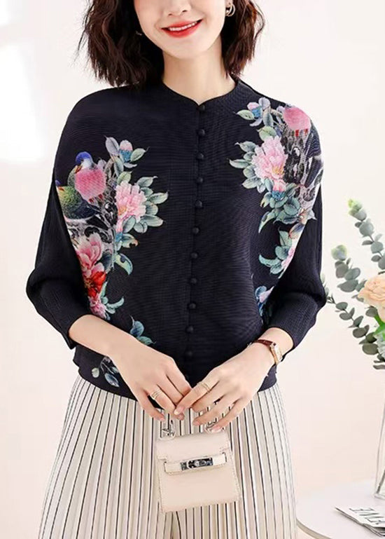 New Black Stand Collar Print Wrinkled Silk Tops Fall