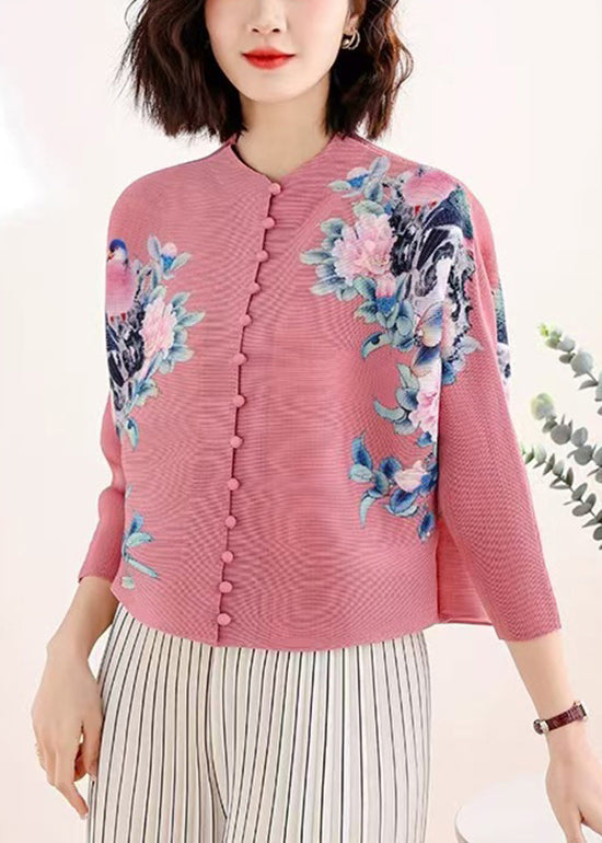 New Black Stand Collar Print Wrinkled Silk Tops Fall