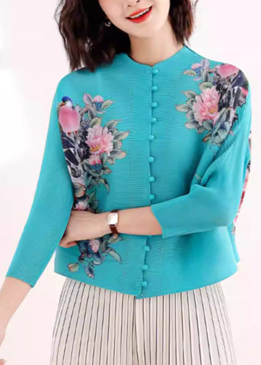 New Black Stand Collar Print Wrinkled Silk Tops Fall