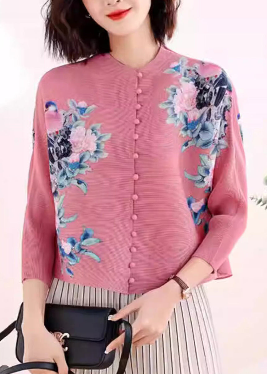 New Black Stand Collar Print Wrinkled Silk Tops Fall