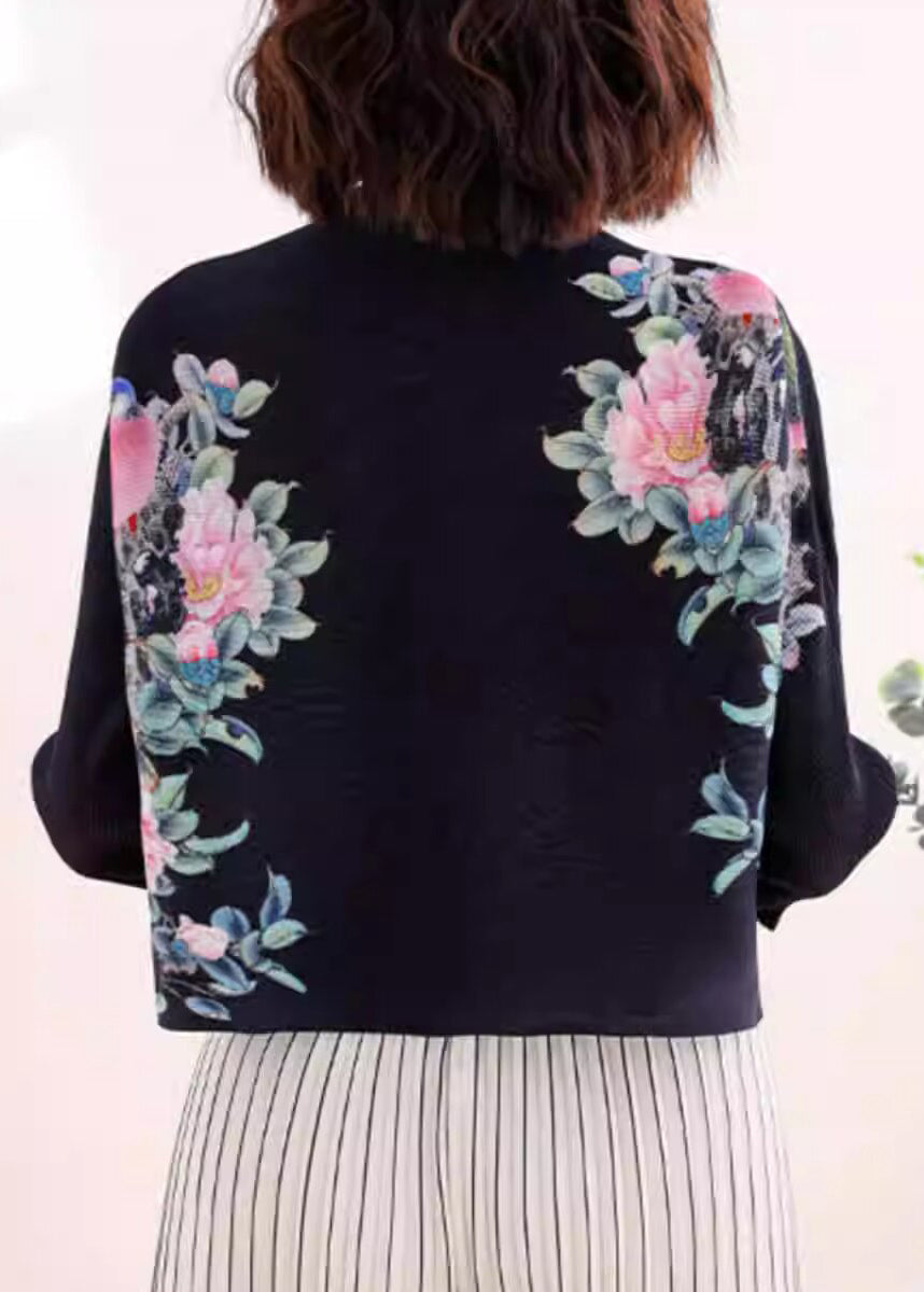 New Black Stand Collar Print Wrinkled Silk Tops Fall