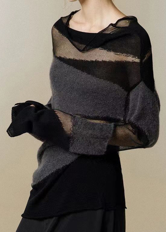 Black Turtleneck Tulle Patchwork Thin Knit Sweaters