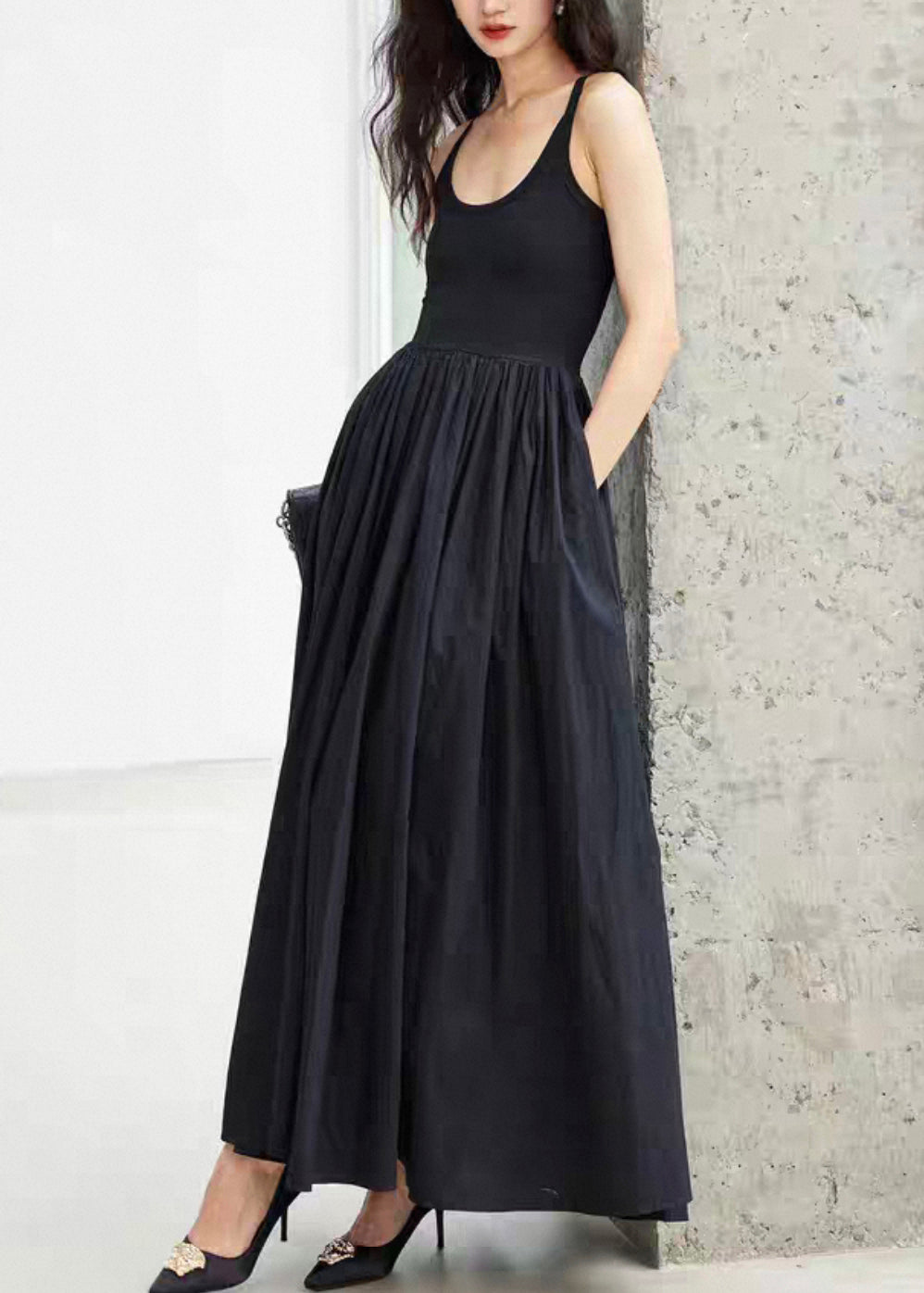 New Black Wrinkled Pockets Cotton Spaghetti Strap Dress Sleeveless