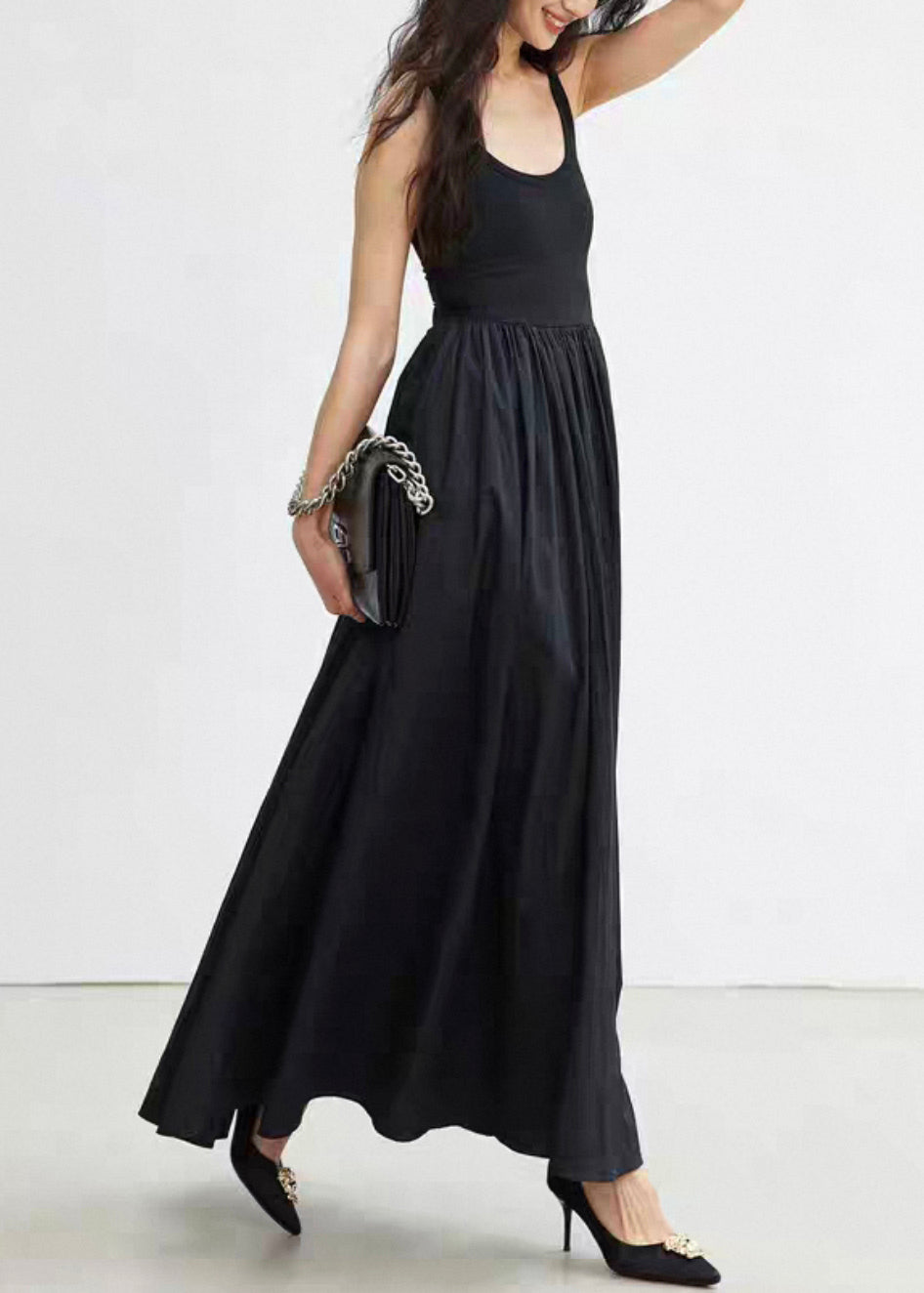 New Black Wrinkled Pockets Cotton Spaghetti Strap Dress Sleeveless