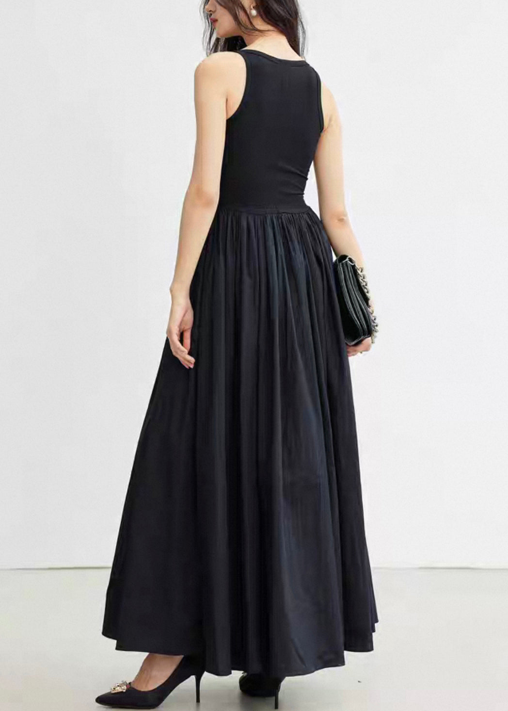 New Black Wrinkled Pockets Cotton Spaghetti Strap Dress Sleeveless