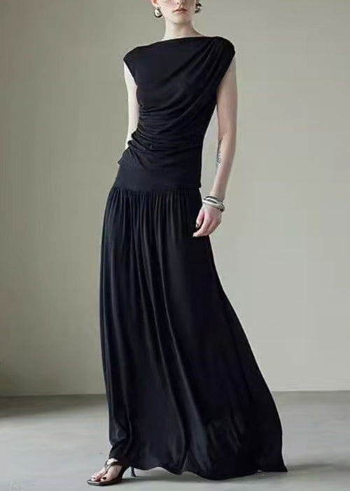 New Black Wrinkled Solid Silk Cotton Two Piece Set Sleeveless