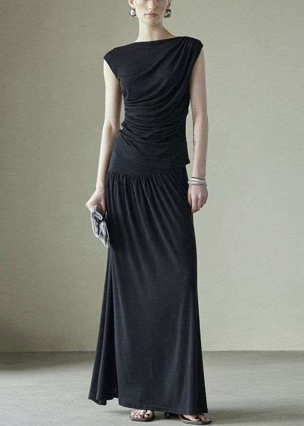 New Black Wrinkled Solid Silk Cotton Two Piece Set Sleeveless