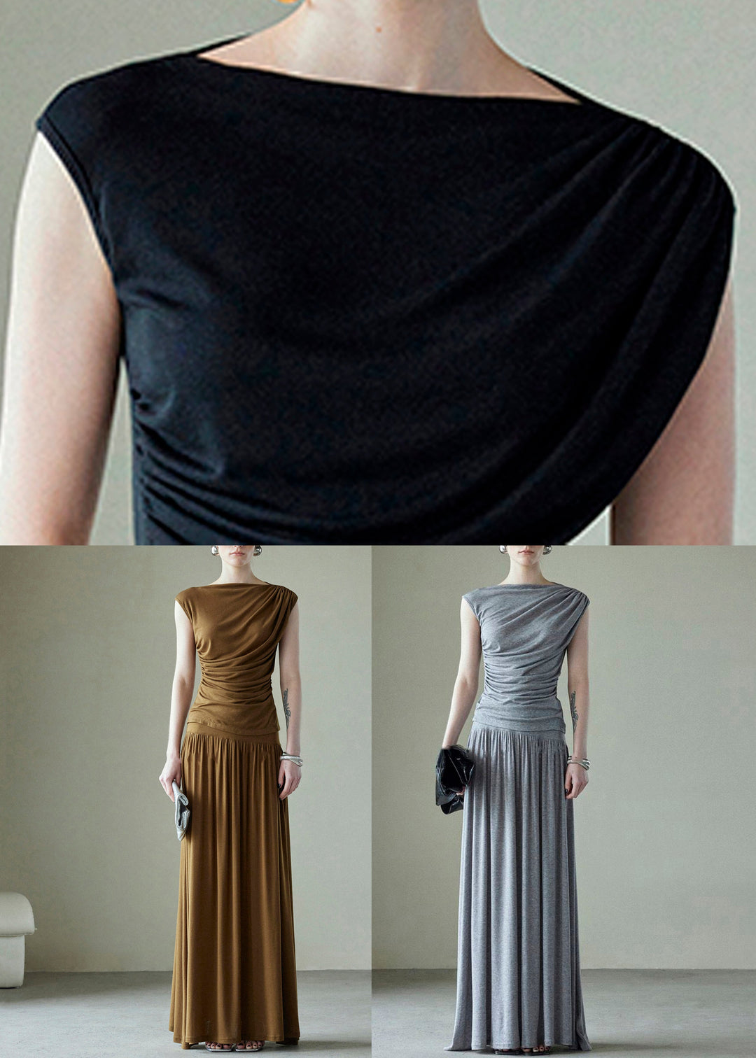 New Black Wrinkled Solid Silk Cotton Two Piece Set Sleeveless