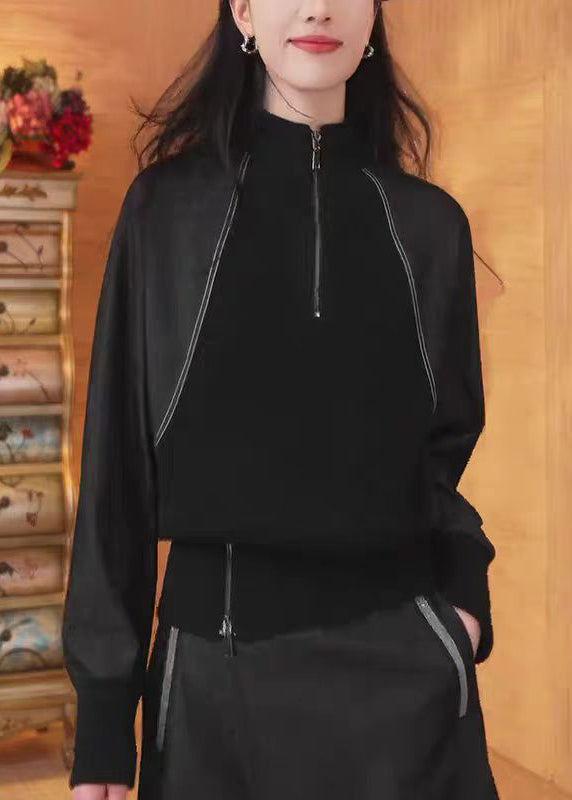 New Black Zip Up Patchwork Cotton Sweatshirts Top Fall