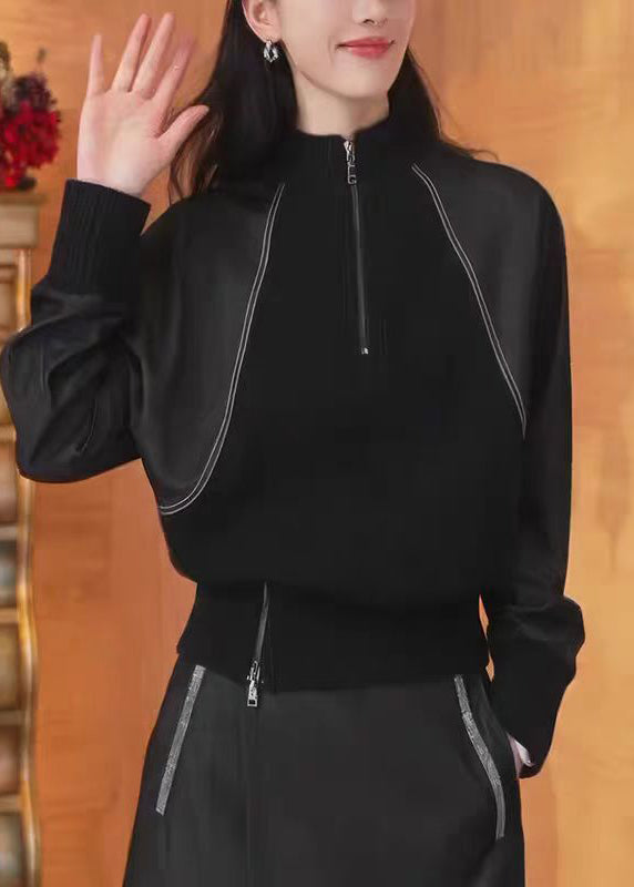 New Black Zip Up Patchwork Cotton Sweatshirts Top Fall