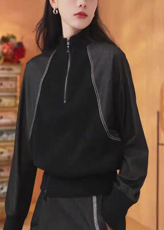 New Black Zip Up Patchwork Cotton Sweatshirts Top Fall