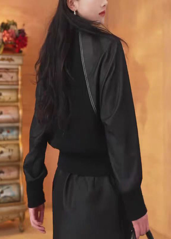 New Black Zip Up Patchwork Cotton Sweatshirts Top Fall