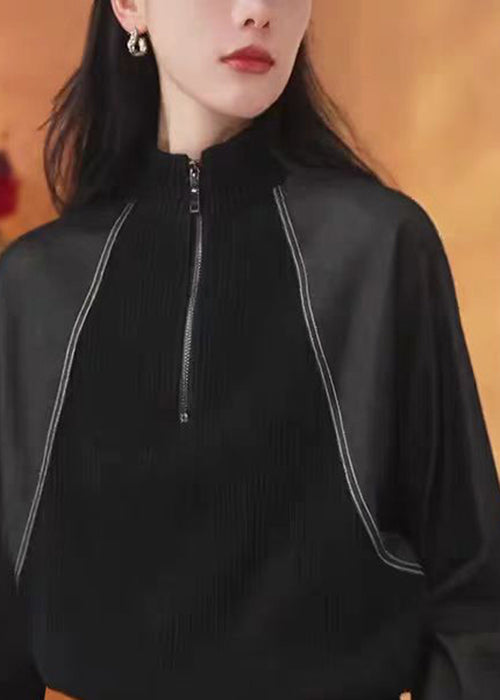 New Black Zip Up Patchwork Cotton Sweatshirts Top Fall