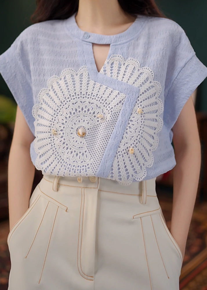 New Blue Asymmetrical Hollow Out Cotton Shirt Summer