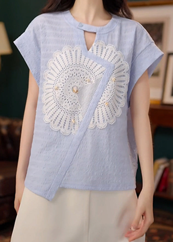 New Blue Asymmetrical Hollow Out Cotton Shirt Summer