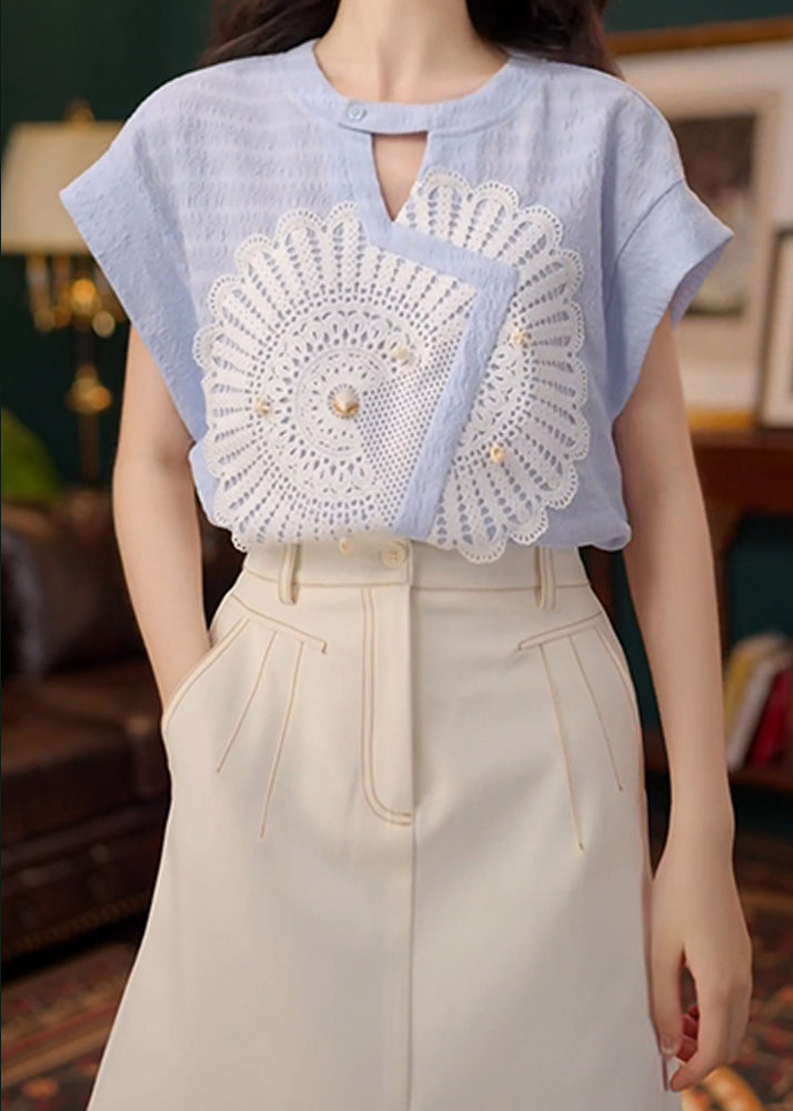 New Blue Asymmetrical Hollow Out Cotton Shirt Summer