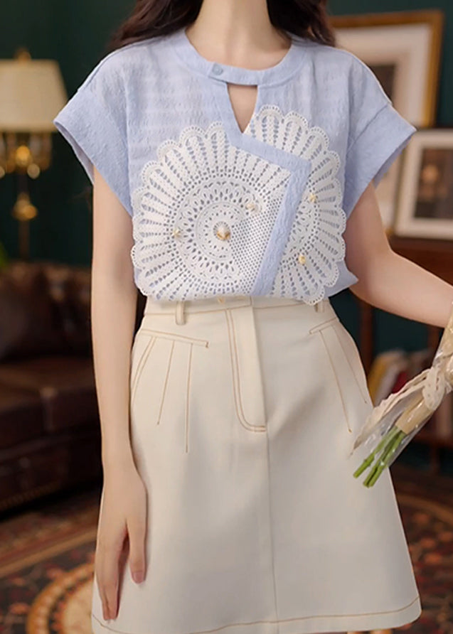 New Blue Asymmetrical Hollow Out Cotton Shirt Summer