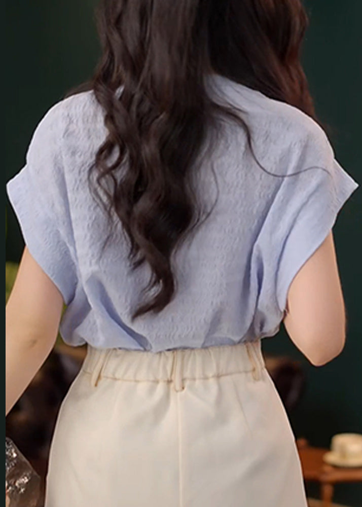 New Blue Asymmetrical Hollow Out Cotton Shirt Summer