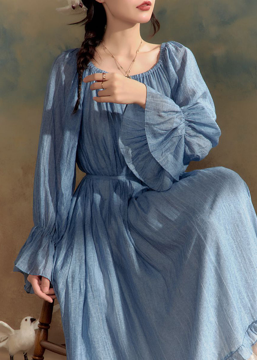 New Blue O-Neck Lace Patchwork Cotton Long Dress Flare Sleeve