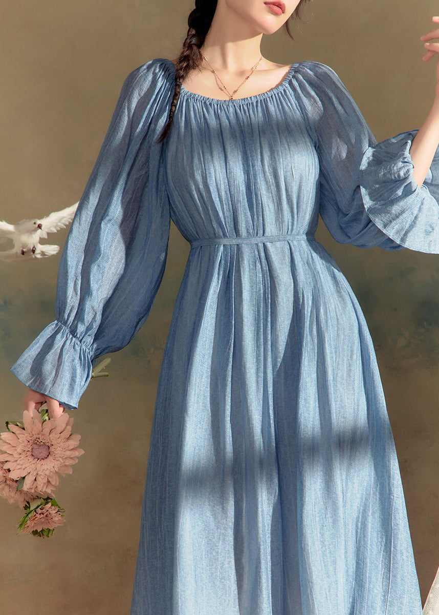 New Blue O-Neck Lace Patchwork Cotton Long Dress Flare Sleeve